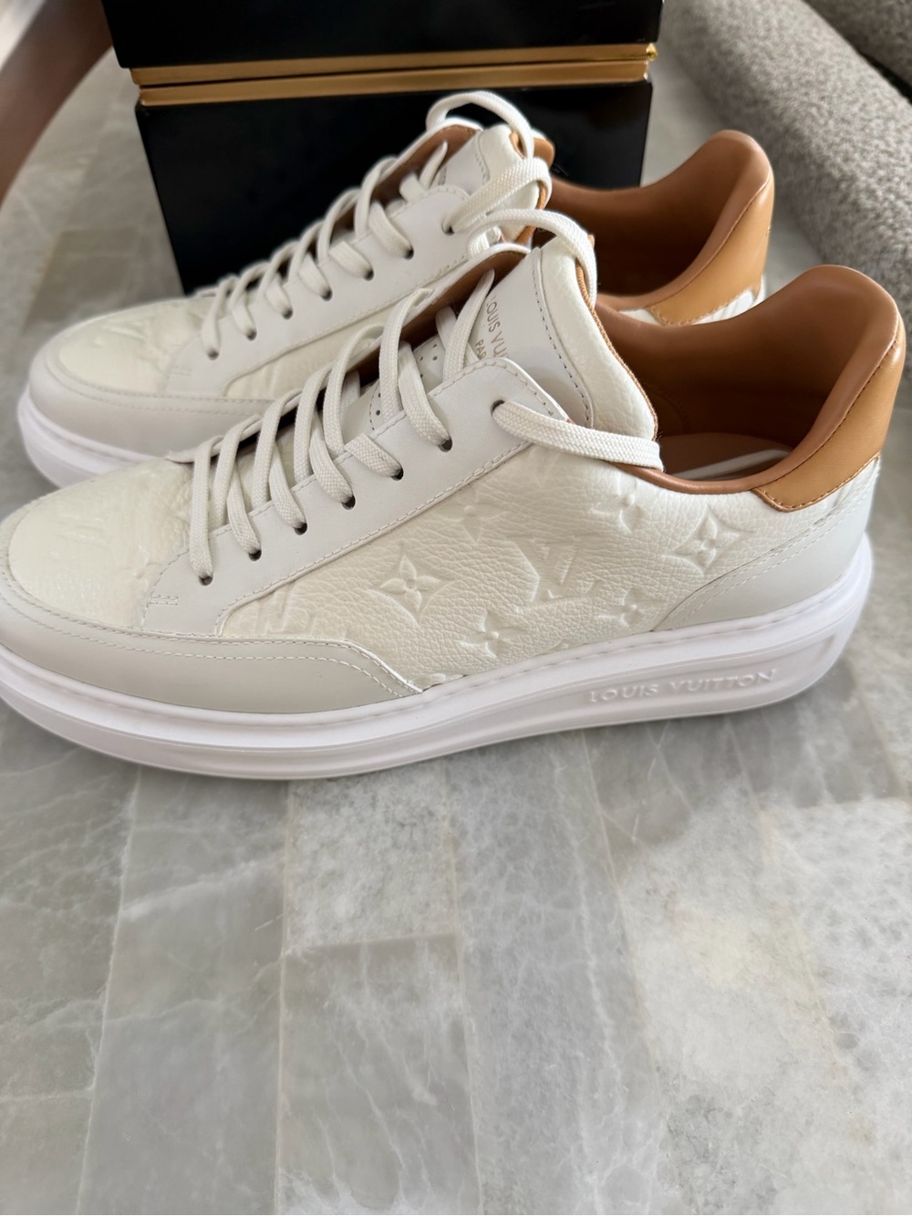 Louis Vuitton Men’s White and Tan Low-Top Sneaker with Monogram Emboss - Picture 3 of 5